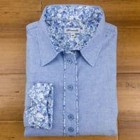 Grenouille Ladies Long Sleeve Blue Oxford Shirt with Blue and Silver Grey Floral Print Detail