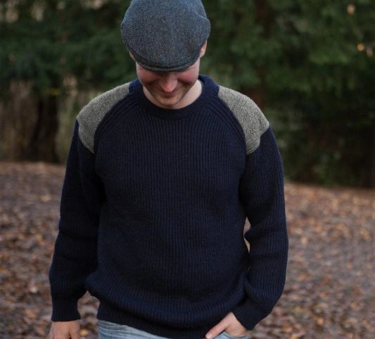 Glen Croft Tweed Patch Navy British Wool Chunky Sweater